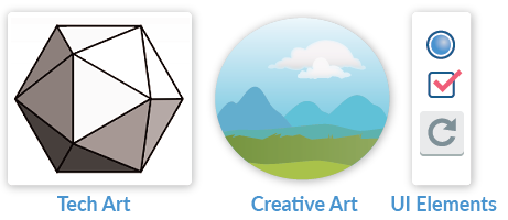 An icosahedron labelled Tech Art, a mountain landscape scene labeled Creative Art, a radio button, check box and replay button grouped with the label UI Elements